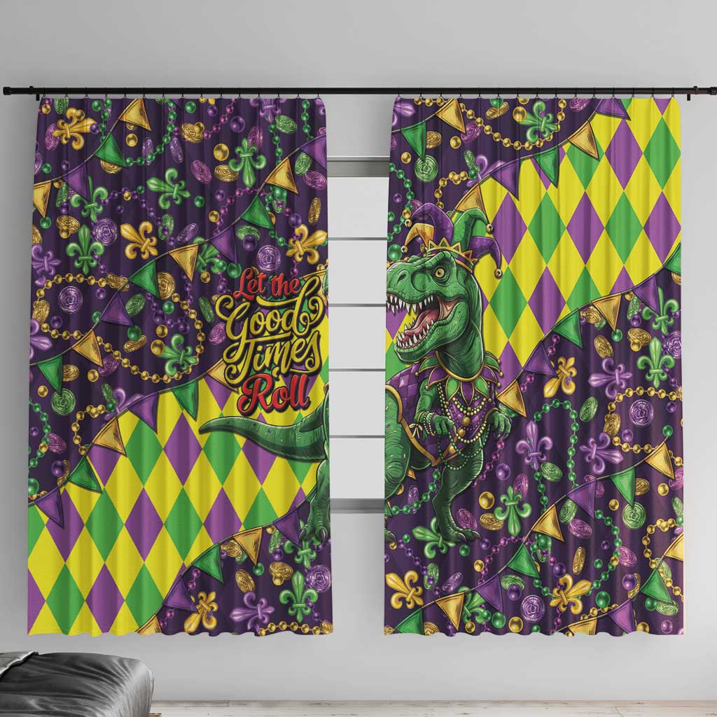 Funny Mardi Gras T-Rex Dinosaur Window Curtain Let The Good Times Roll - Wonder Print Shop