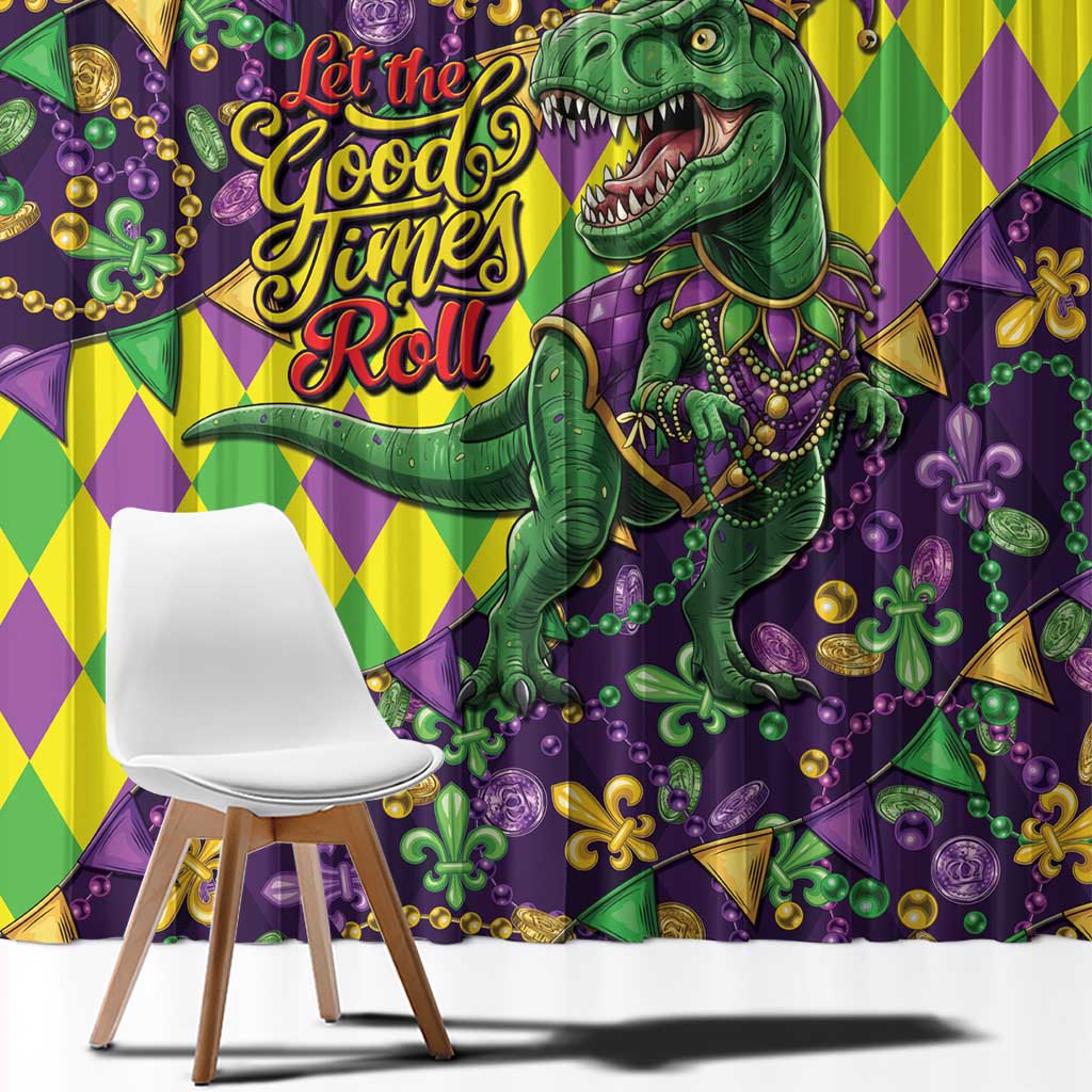 Funny Mardi Gras T-Rex Dinosaur Window Curtain Let The Good Times Roll - Wonder Print Shop
