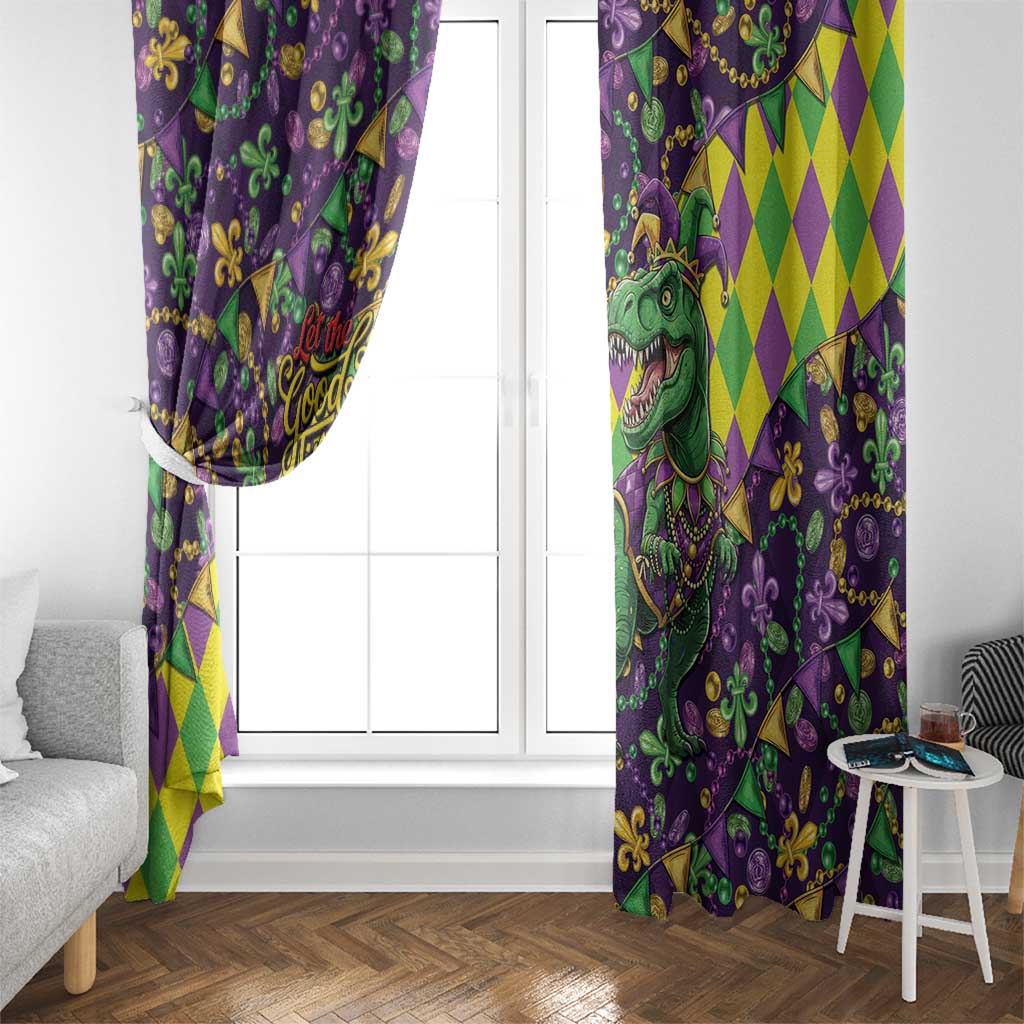 Funny Mardi Gras T-Rex Dinosaur Window Curtain Let The Good Times Roll - Wonder Print Shop