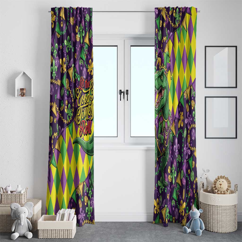 Funny Mardi Gras T-Rex Dinosaur Window Curtain Let The Good Times Roll - Wonder Print Shop