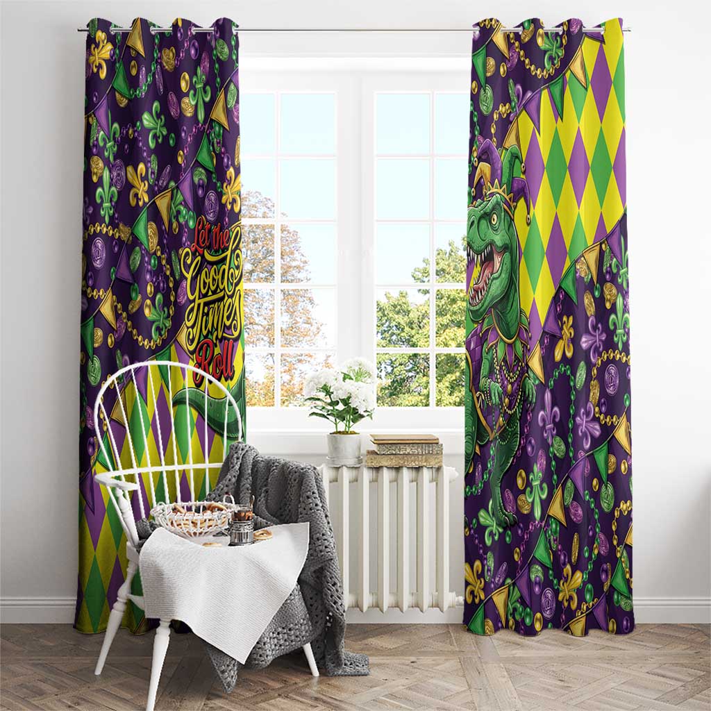 Funny Mardi Gras T-Rex Dinosaur Window Curtain Let The Good Times Roll - Wonder Print Shop