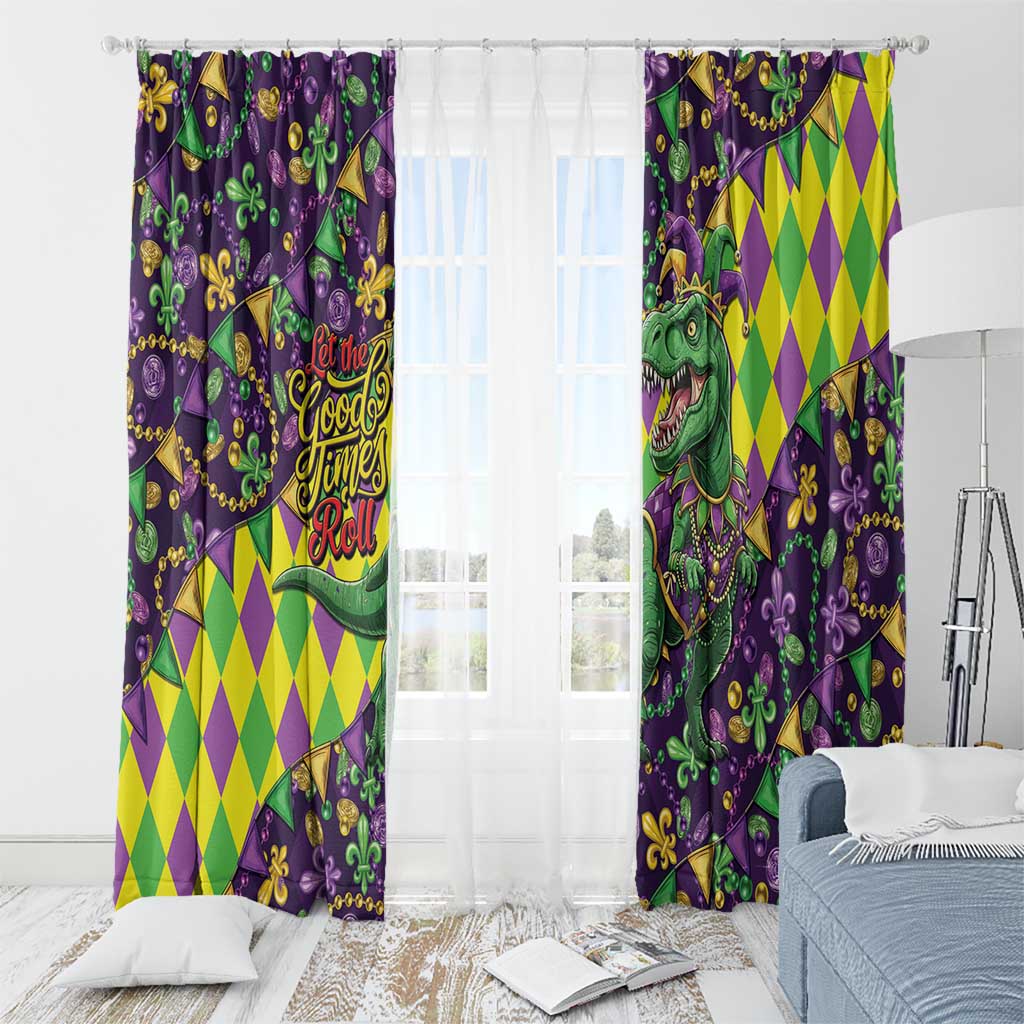 Funny Mardi Gras T-Rex Dinosaur Window Curtain Let The Good Times Roll - Wonder Print Shop