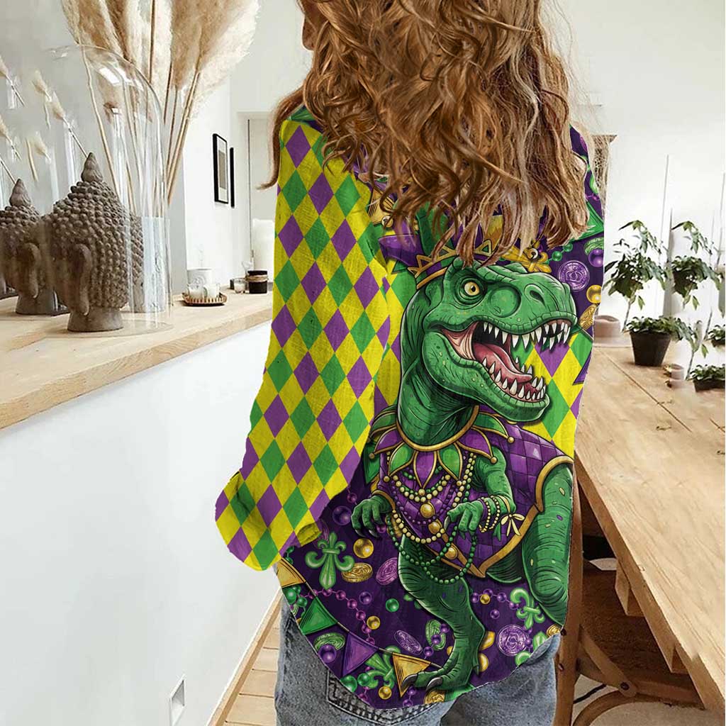 Funny Mardi Gras T-Rex Dinosaur Women Casual Shirt Let The Good Times Roll - Wonder Print Shop