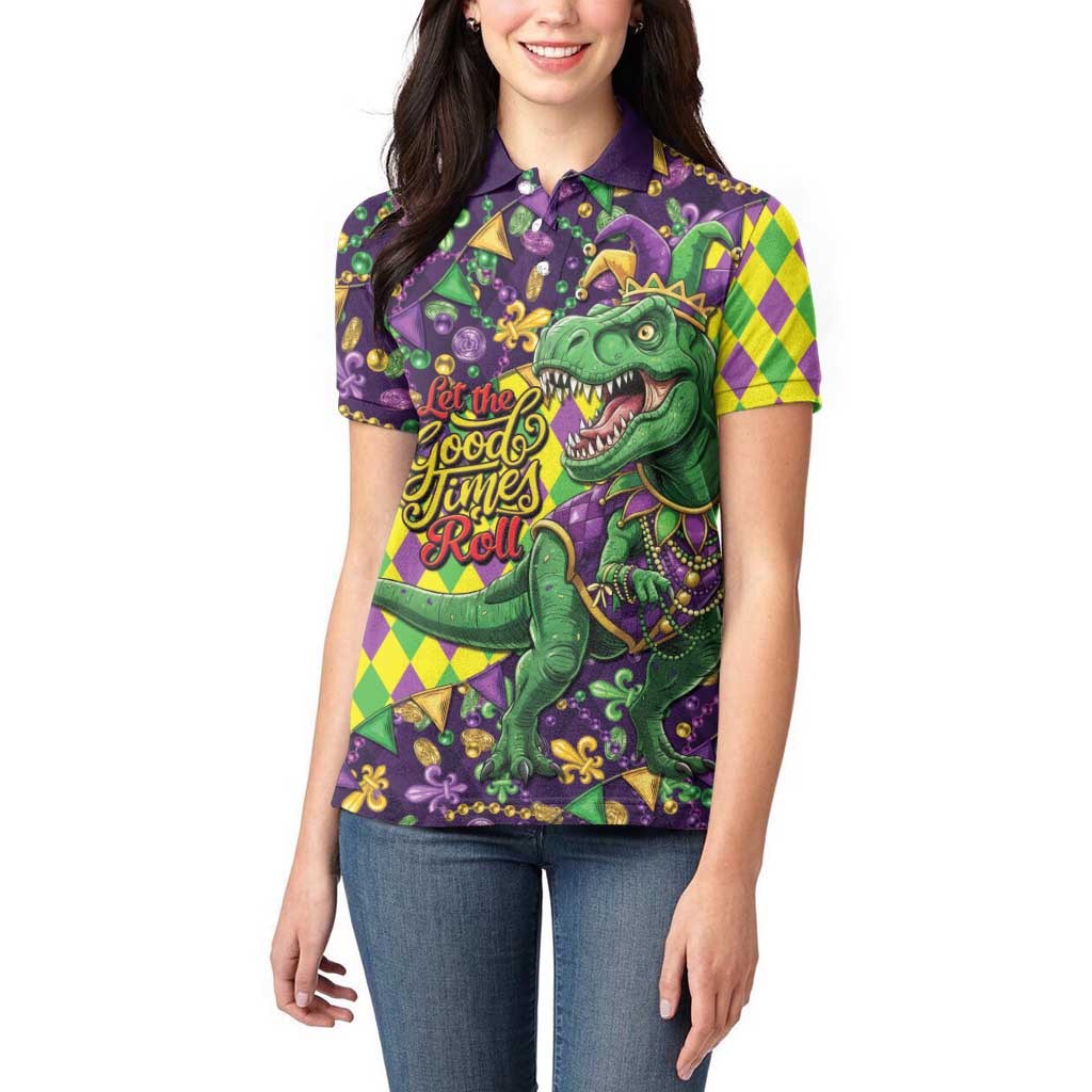 Funny Mardi Gras T-Rex Dinosaur Women Polo Shirt Let The Good Times Roll - Wonder Print Shop