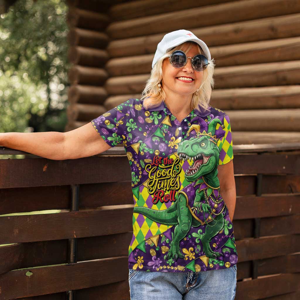 Funny Mardi Gras T-Rex Dinosaur Women Polo Shirt Let The Good Times Roll - Wonder Print Shop
