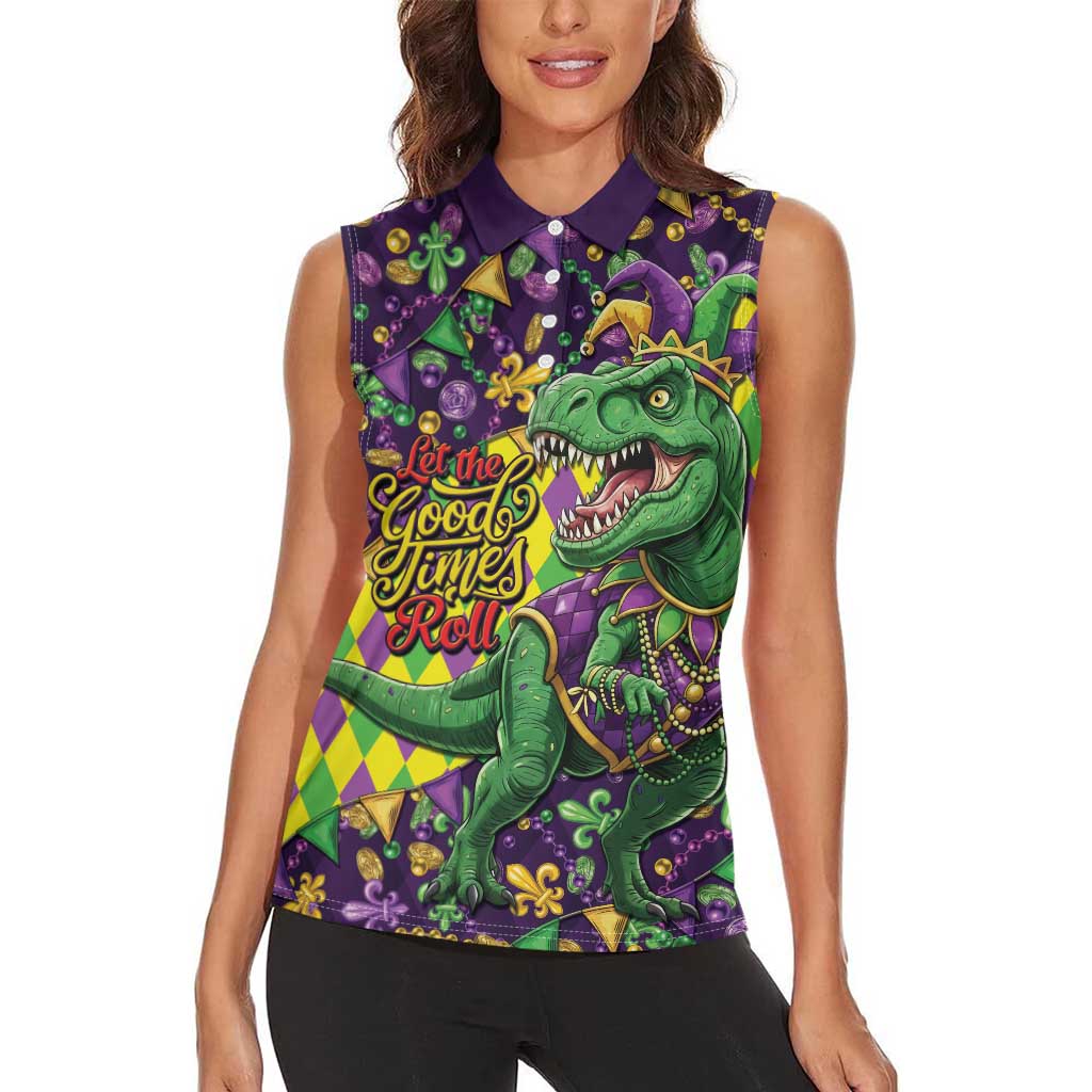 Funny Mardi Gras T-Rex Dinosaur Women Sleeveless Polo Shirt Let The Good Times Roll - Wonder Print Shop