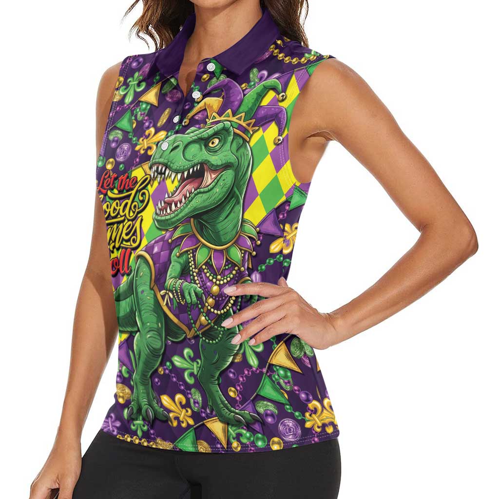 Funny Mardi Gras T-Rex Dinosaur Women Sleeveless Polo Shirt Let The Good Times Roll - Wonder Print Shop