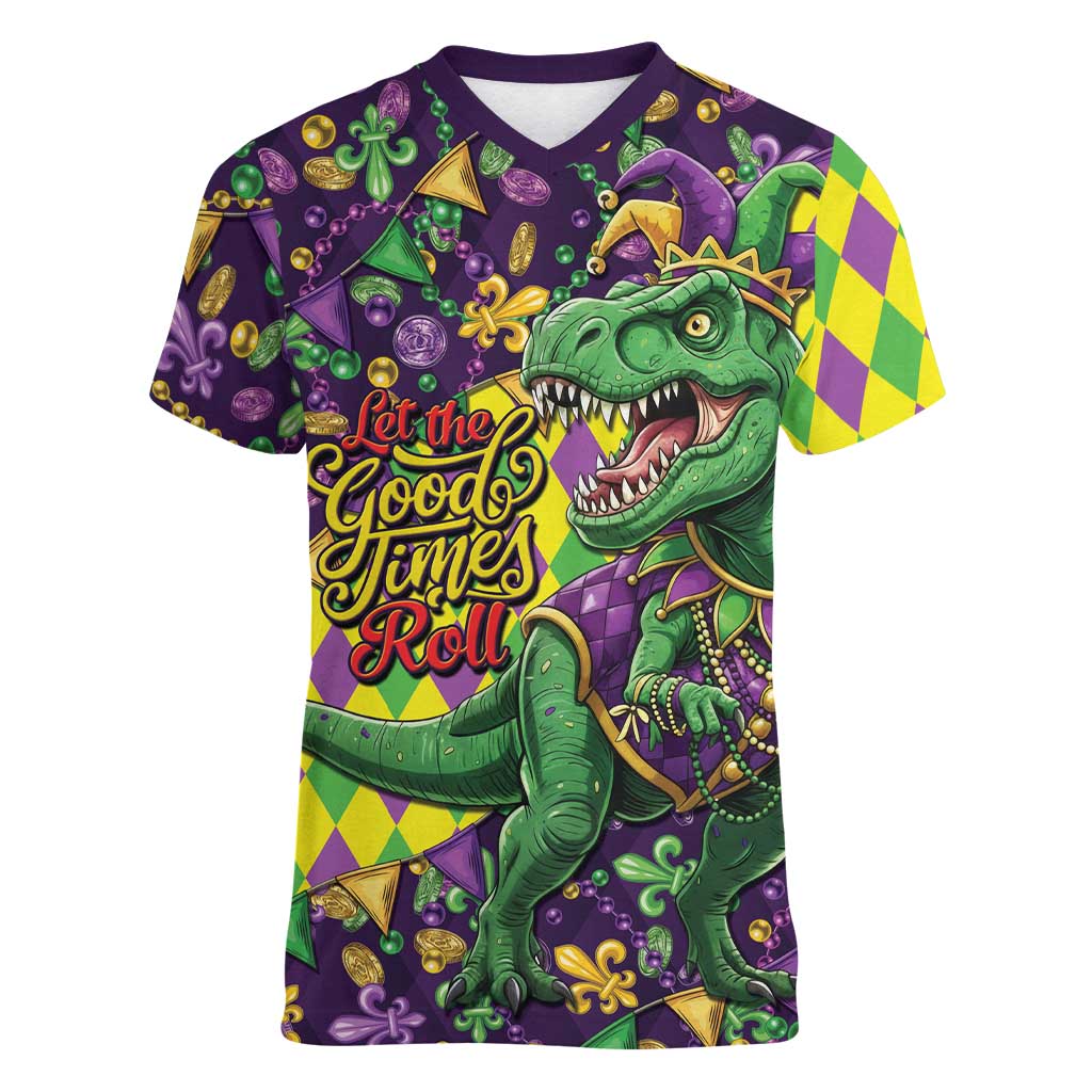 Funny Mardi Gras T-Rex Dinosaur Women V-Neck T-Shirt Let The Good Times Roll - Wonder Print Shop