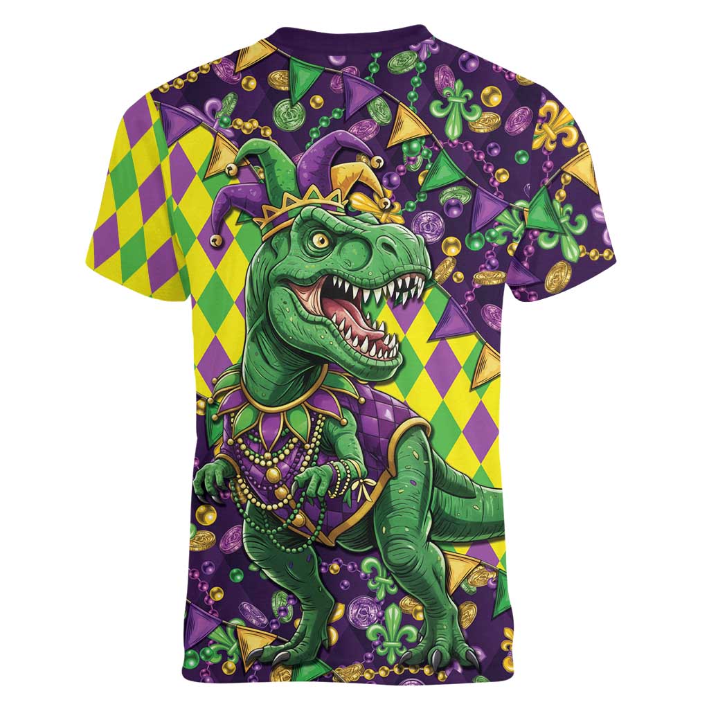 Funny Mardi Gras T-Rex Dinosaur Women V-Neck T-Shirt Let The Good Times Roll - Wonder Print Shop