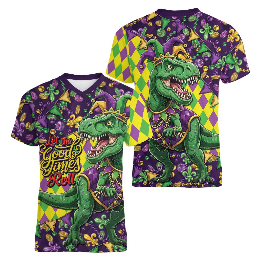 Funny Mardi Gras T-Rex Dinosaur Women V-Neck T-Shirt Let The Good Times Roll - Wonder Print Shop