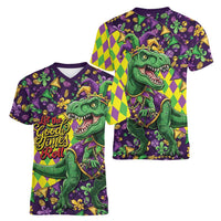 Funny Mardi Gras T-Rex Dinosaur Women V-Neck T-Shirt Let The Good Times Roll - Wonder Print Shop