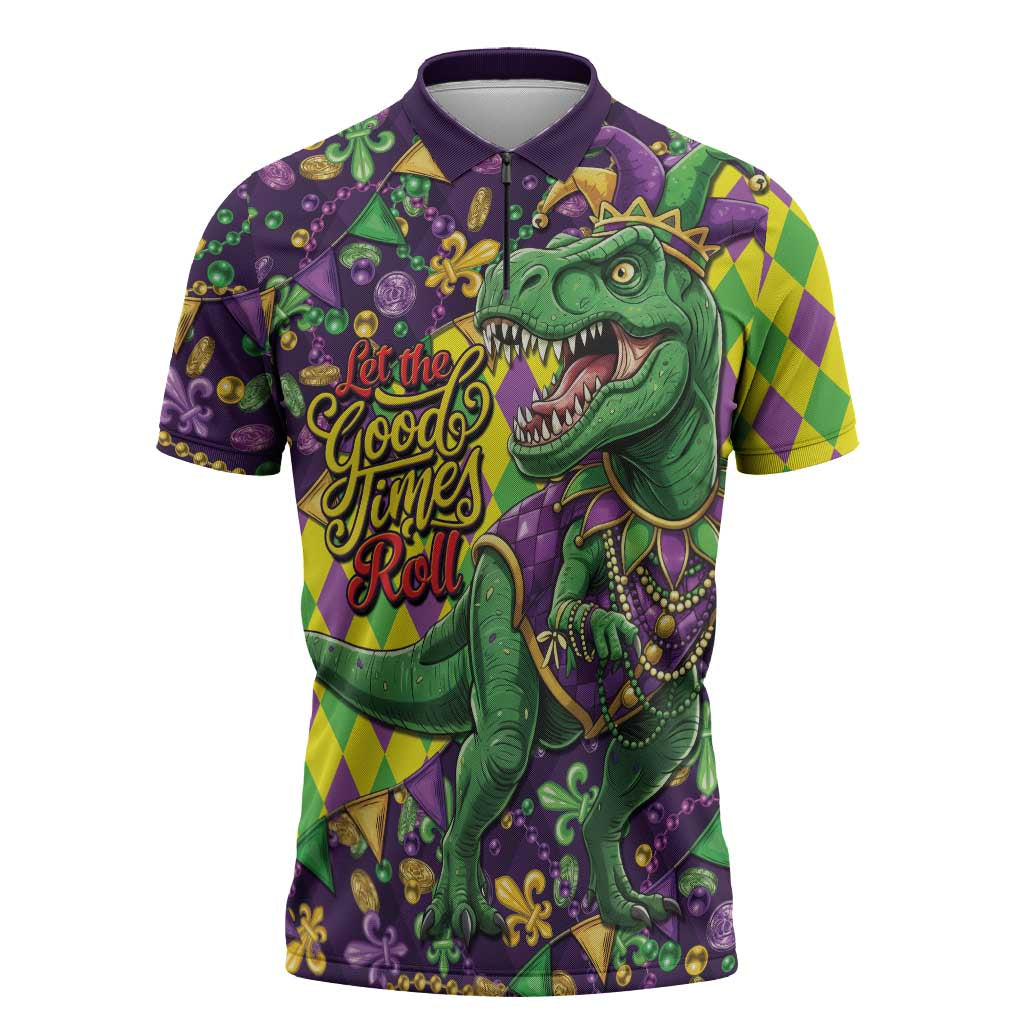 Funny Mardi Gras T-Rex Dinosaur Zipper Polo Shirt Let The Good Times Roll - Wonder Print Shop
