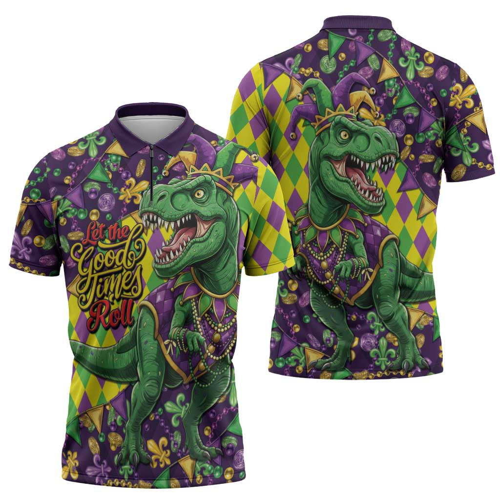 Funny Mardi Gras T-Rex Dinosaur Zipper Polo Shirt Let The Good Times Roll - Wonder Print Shop