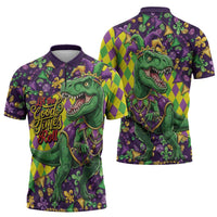 Funny Mardi Gras T-Rex Dinosaur Zipper Polo Shirt Let The Good Times Roll - Wonder Print Shop