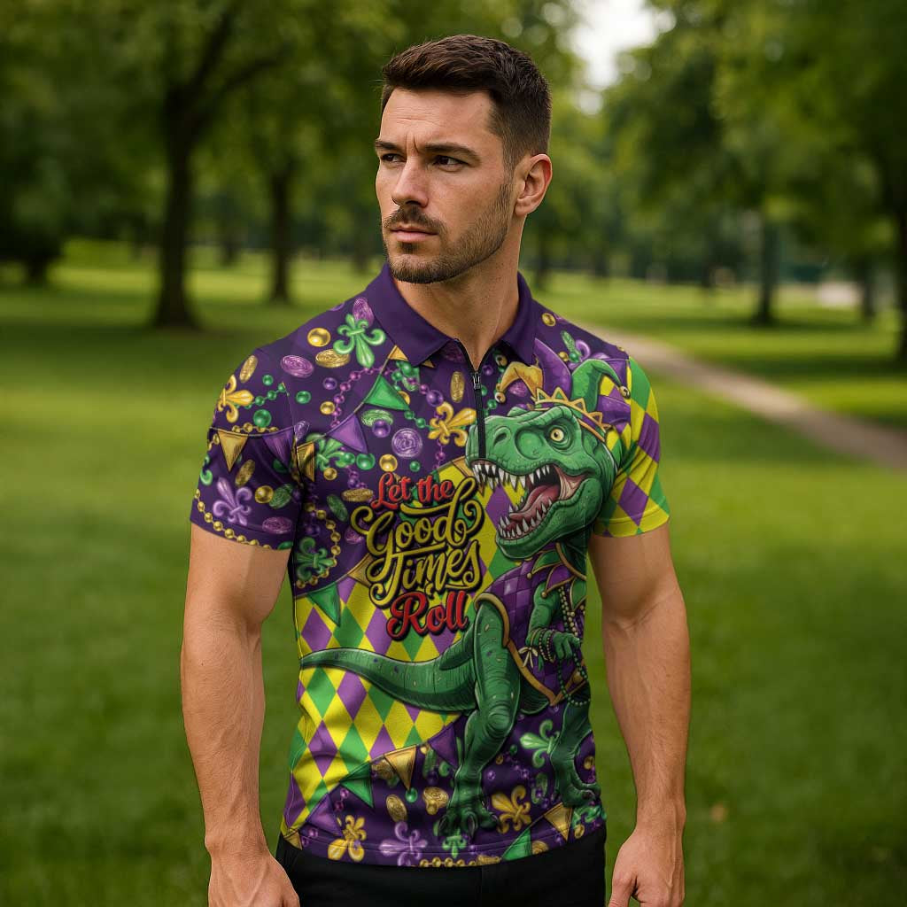 Funny Mardi Gras T-Rex Dinosaur Zipper Polo Shirt Let The Good Times Roll - Wonder Print Shop