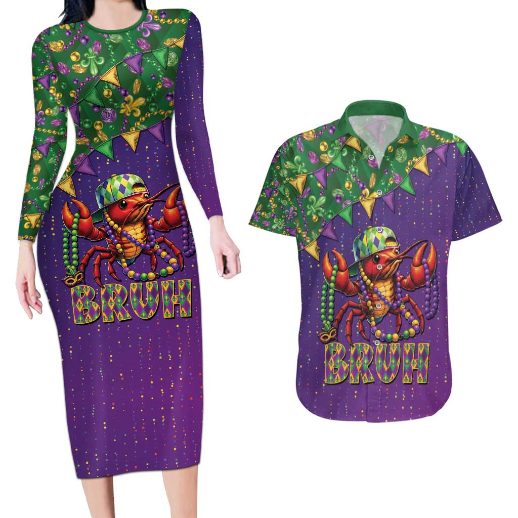 Funny Crawfish Carnival Couples Matching Long Sleeve Bodycon Dress and Hawaiian Shirt It's Mardi Gras Bruh - Wonder Print Shop