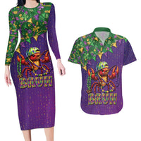 Funny Crawfish Carnival Couples Matching Long Sleeve Bodycon Dress and Hawaiian Shirt It's Mardi Gras Bruh - Wonder Print Shop