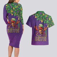 Funny Crawfish Carnival Couples Matching Long Sleeve Bodycon Dress and Hawaiian Shirt It's Mardi Gras Bruh - Wonder Print Shop
