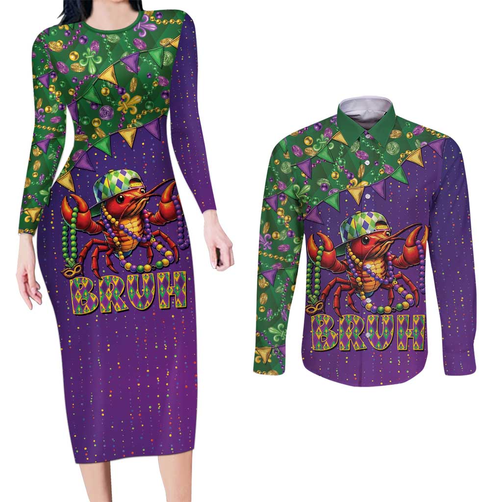 Funny Crawfish Carnival Couples Matching Long Sleeve Bodycon Dress and Long Sleeve Button Shirt It's Mardi Gras Bruh - Wonder Print Shop
