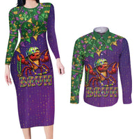 Funny Crawfish Carnival Couples Matching Long Sleeve Bodycon Dress and Long Sleeve Button Shirt It's Mardi Gras Bruh - Wonder Print Shop