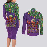 Funny Crawfish Carnival Couples Matching Long Sleeve Bodycon Dress and Long Sleeve Button Shirt It's Mardi Gras Bruh - Wonder Print Shop