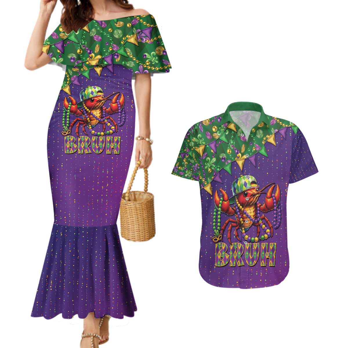 Funny Crawfish Carnival Couples Matching Mermaid Dress and Hawaiian Shirt It's Mardi Gras Bruh - Wonder Print Shop