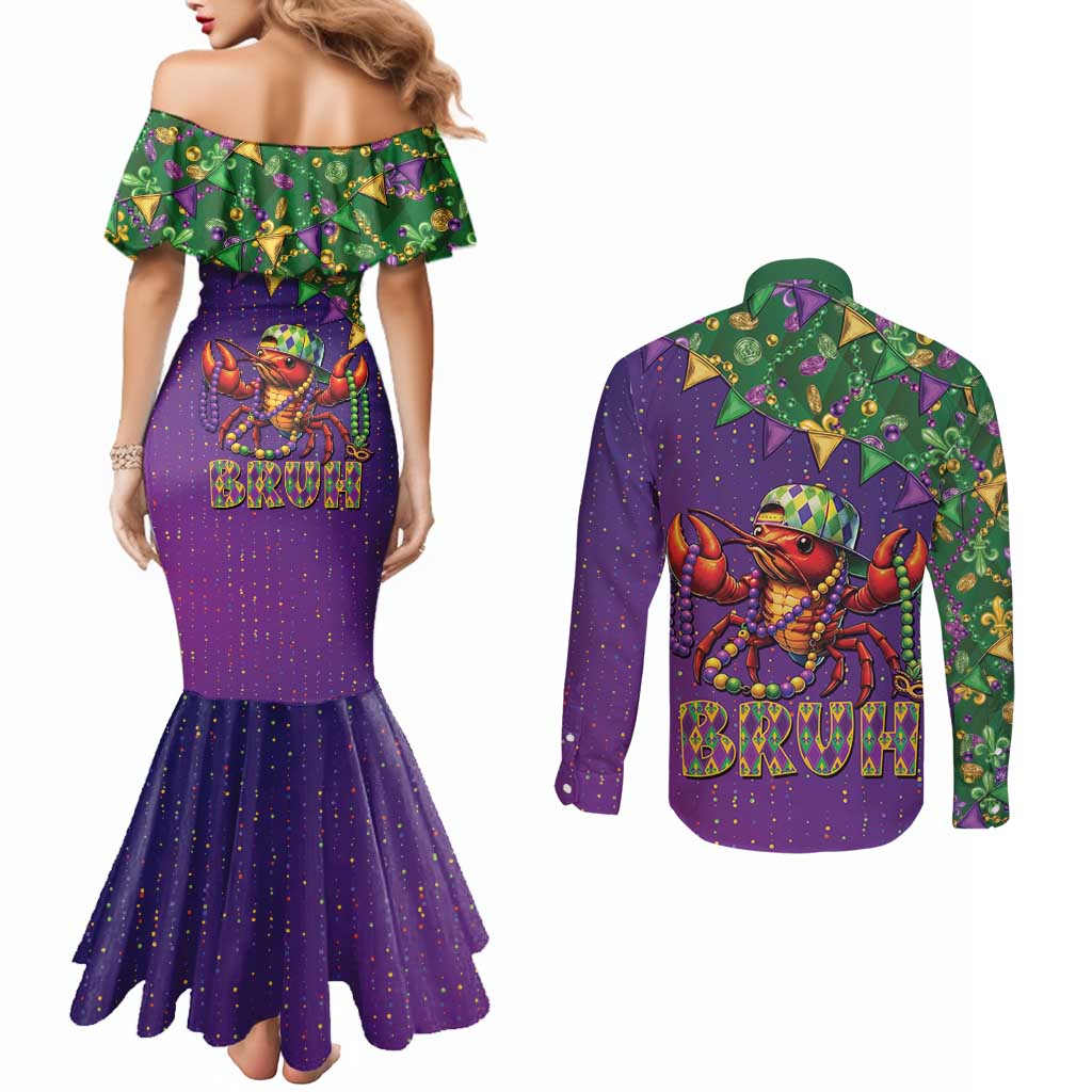 Funny Crawfish Carnival Couples Matching Mermaid Dress and Long Sleeve Button Shirt It's Mardi Gras Bruh - Wonder Print Shop