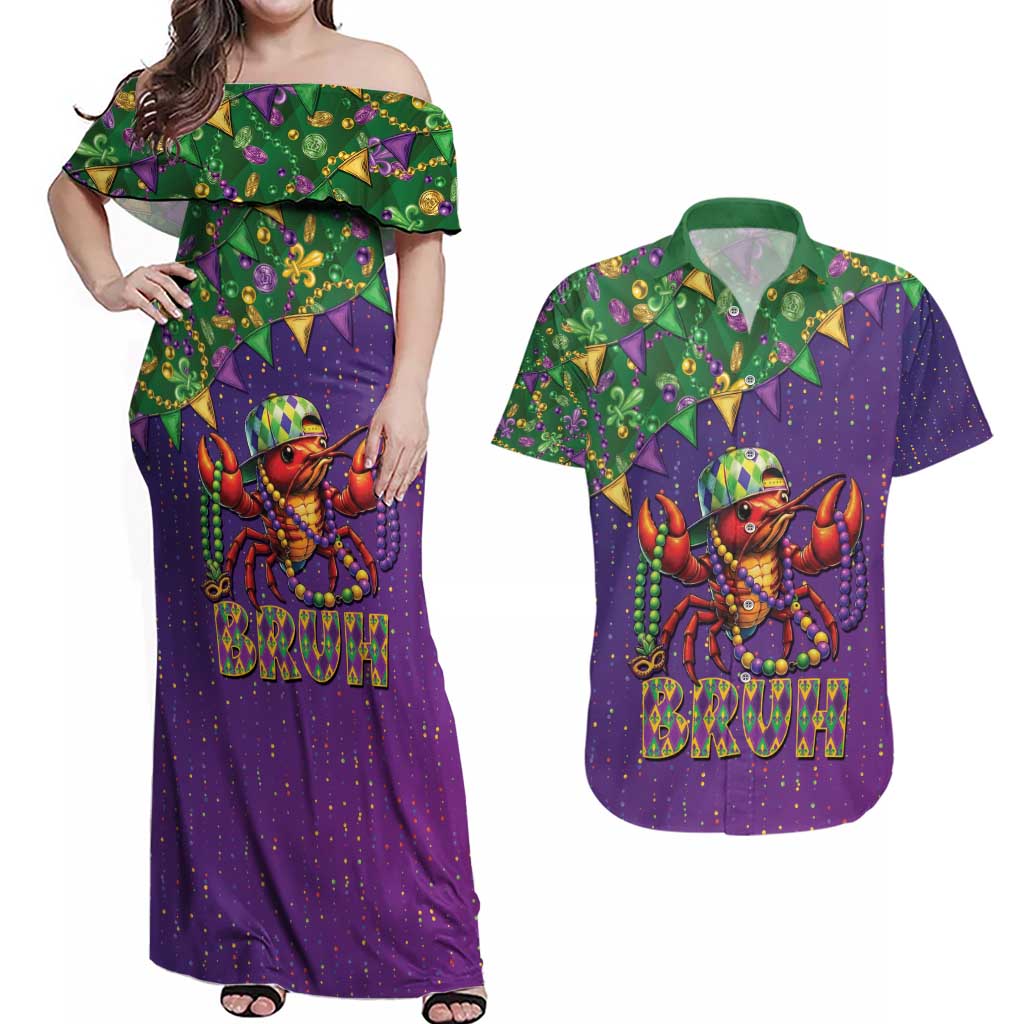 Funny Crawfish Carnival Couples Matching Off Shoulder Maxi Dress and Hawaiian Shirt It's Mardi Gras Bruh - Wonder Print Shop