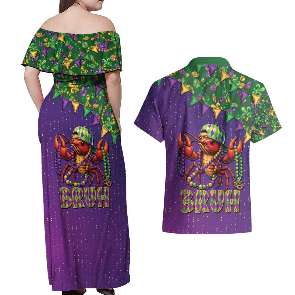 Funny Crawfish Carnival Couples Matching Off Shoulder Maxi Dress and Hawaiian Shirt It's Mardi Gras Bruh - Wonder Print Shop