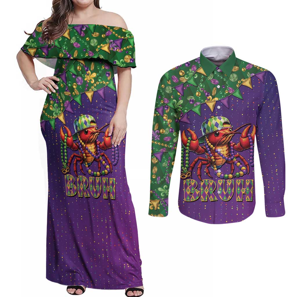 Funny Crawfish Carnival Couples Matching Off Shoulder Maxi Dress and Long Sleeve Button Shirt It's Mardi Gras Bruh - Wonder Print Shop