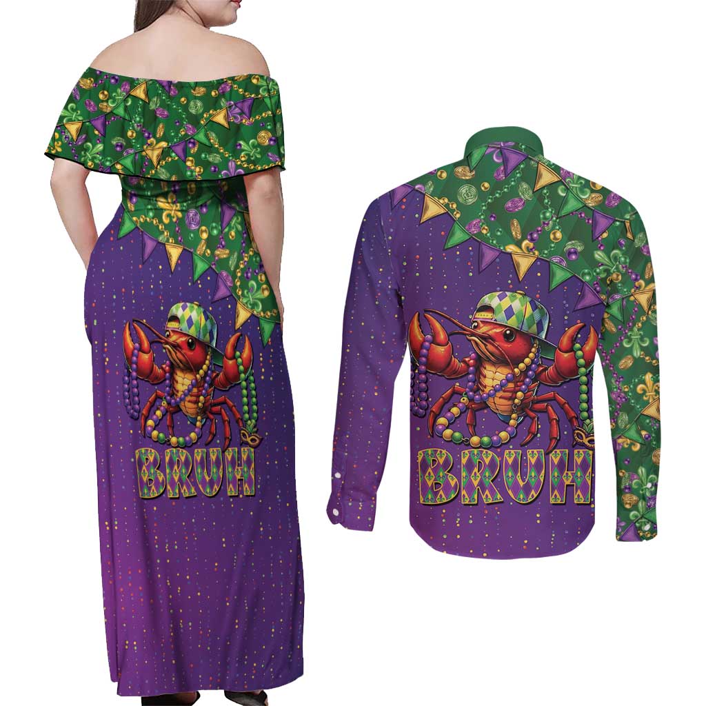Funny Crawfish Carnival Couples Matching Off Shoulder Maxi Dress and Long Sleeve Button Shirt It's Mardi Gras Bruh - Wonder Print Shop