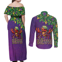 Funny Crawfish Carnival Couples Matching Off Shoulder Maxi Dress and Long Sleeve Button Shirt It's Mardi Gras Bruh - Wonder Print Shop