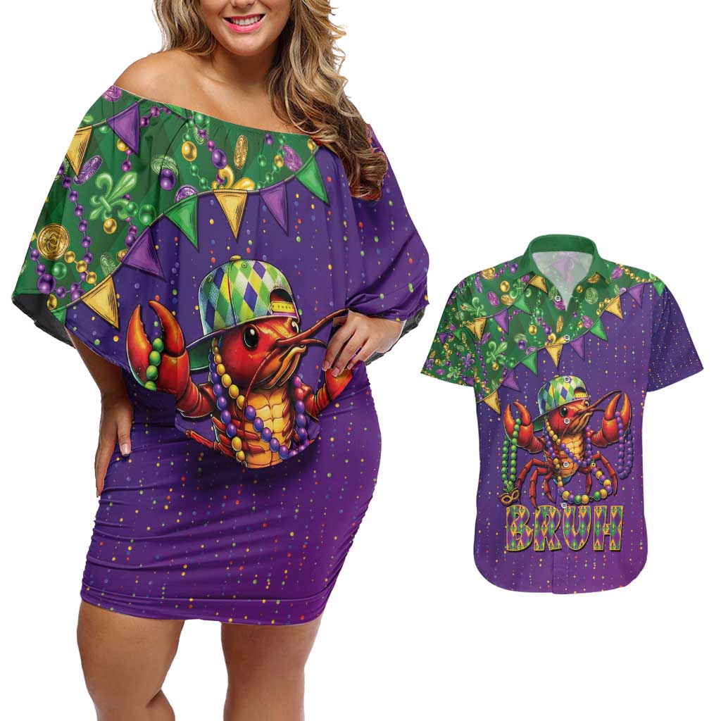 Funny Crawfish Carnival Couples Matching Off Shoulder Short Dress and Hawaiian Shirt It's Mardi Gras Bruh - Wonder Print Shop
