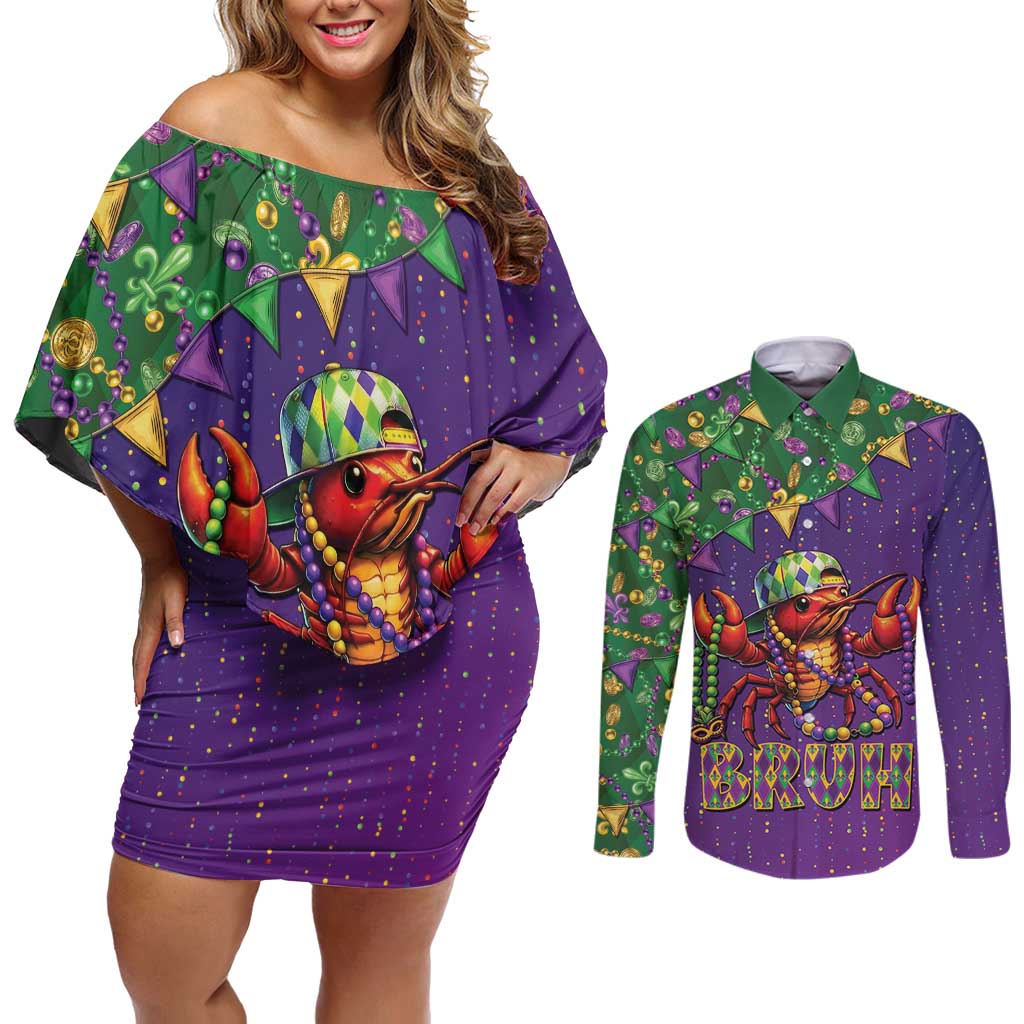 Funny Crawfish Carnival Couples Matching Off Shoulder Short Dress and Long Sleeve Button Shirt It's Mardi Gras Bruh - Wonder Print Shop
