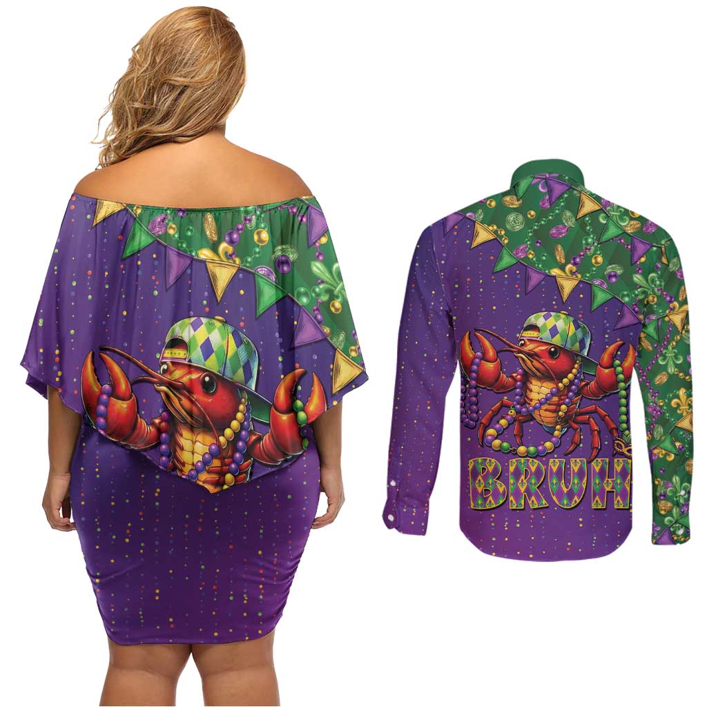 Funny Crawfish Carnival Couples Matching Off Shoulder Short Dress and Long Sleeve Button Shirt It's Mardi Gras Bruh - Wonder Print Shop