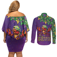 Funny Crawfish Carnival Couples Matching Off Shoulder Short Dress and Long Sleeve Button Shirt It's Mardi Gras Bruh - Wonder Print Shop