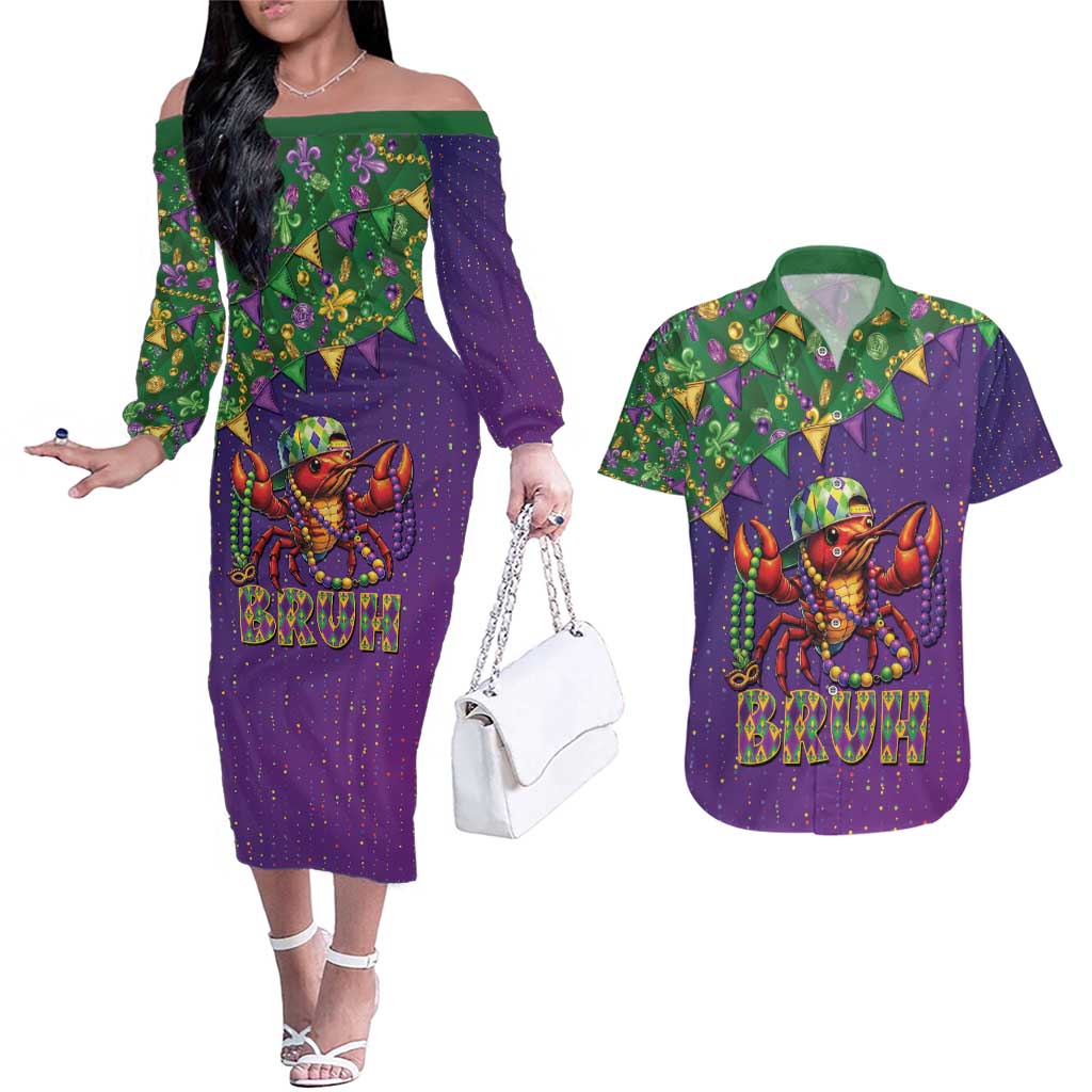 Funny Crawfish Carnival Couples Matching Off The Shoulder Long Sleeve Dress and Hawaiian Shirt It's Mardi Gras Bruh - Wonder Print Shop