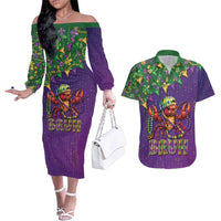 Funny Crawfish Carnival Couples Matching Off The Shoulder Long Sleeve Dress and Hawaiian Shirt It's Mardi Gras Bruh - Wonder Print Shop