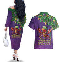 Funny Crawfish Carnival Couples Matching Off The Shoulder Long Sleeve Dress and Hawaiian Shirt It's Mardi Gras Bruh - Wonder Print Shop