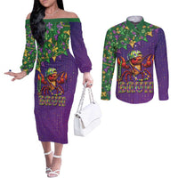 Funny Crawfish Carnival Couples Matching Off The Shoulder Long Sleeve Dress and Long Sleeve Button Shirt It's Mardi Gras Bruh - Wonder Print Shop