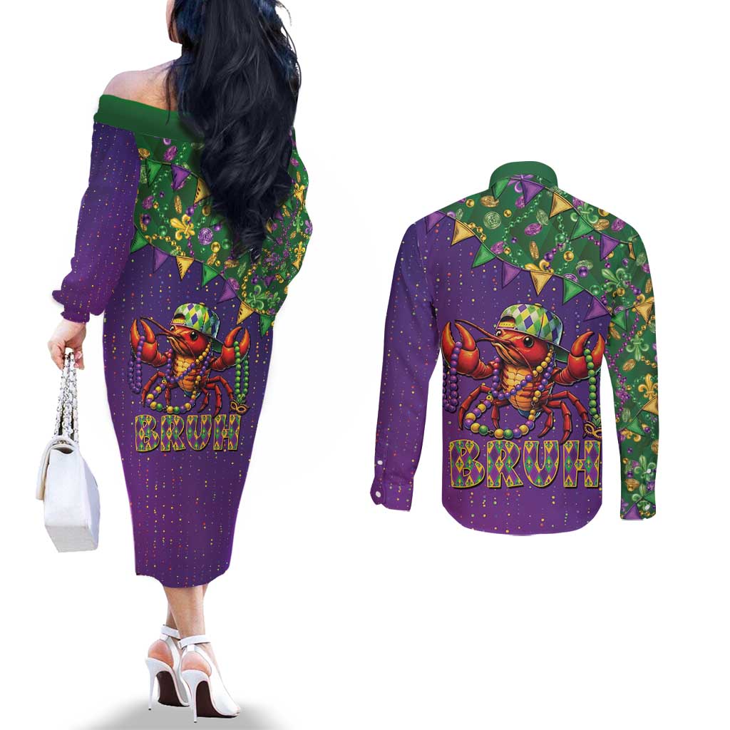 Funny Crawfish Carnival Couples Matching Off The Shoulder Long Sleeve Dress and Long Sleeve Button Shirt It's Mardi Gras Bruh - Wonder Print Shop