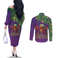 Funny Crawfish Carnival Couples Matching Off The Shoulder Long Sleeve Dress and Long Sleeve Button Shirt It's Mardi Gras Bruh - Wonder Print Shop