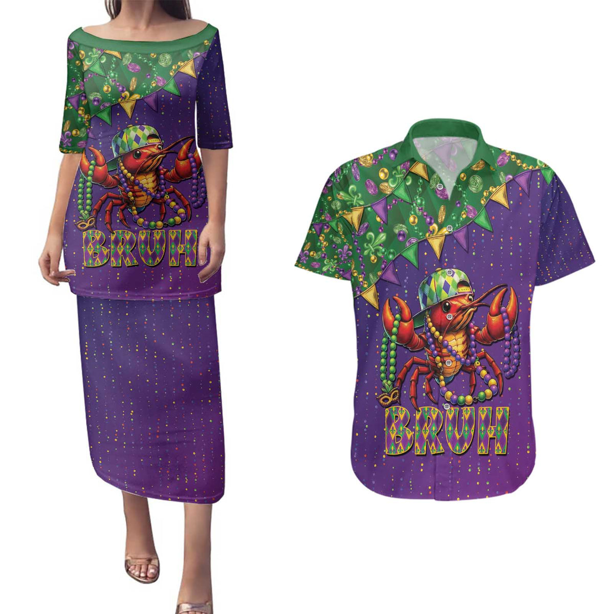 Funny Crawfish Carnival Couples Matching Puletasi and Hawaiian Shirt It's Mardi Gras Bruh - Wonder Print Shop