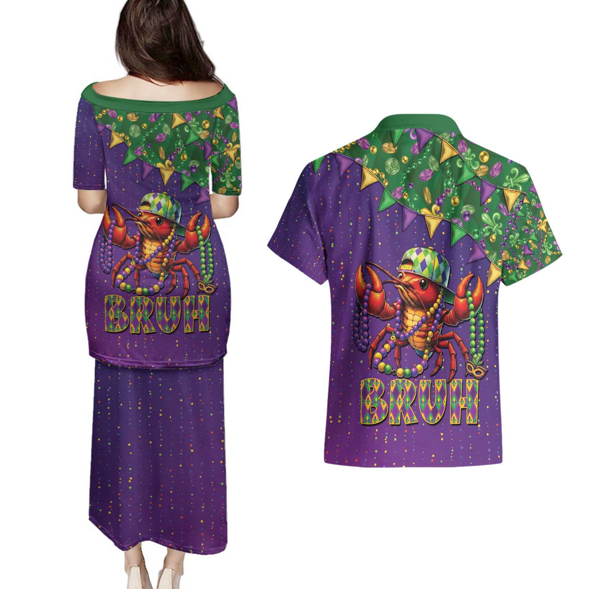 Funny Crawfish Carnival Couples Matching Puletasi and Hawaiian Shirt It's Mardi Gras Bruh - Wonder Print Shop