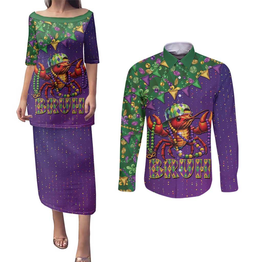Funny Crawfish Carnival Couples Matching Puletasi and Long Sleeve Button Shirt It's Mardi Gras Bruh - Wonder Print Shop