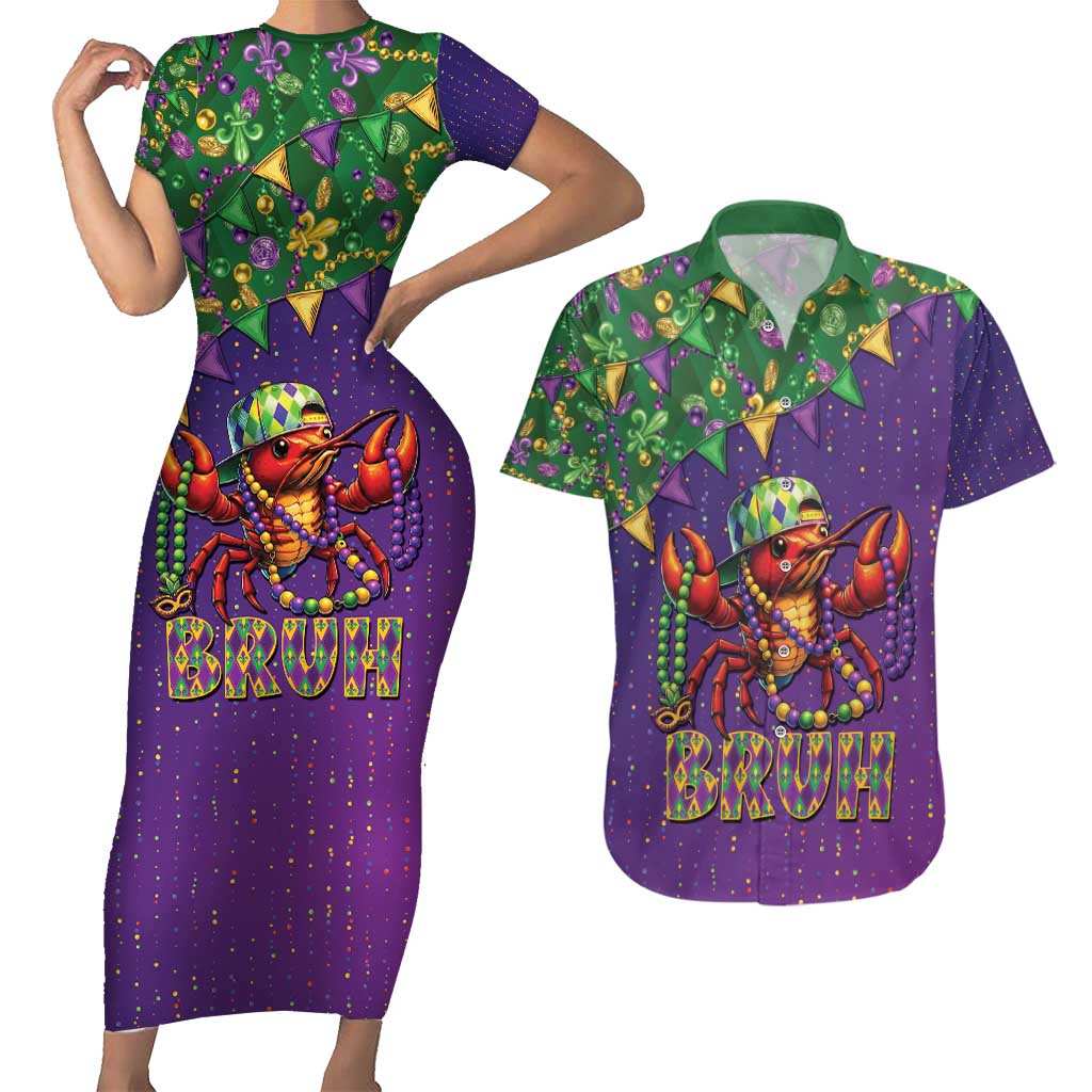 Funny Crawfish Carnival Couples Matching Short Sleeve Bodycon Dress and Hawaiian Shirt It's Mardi Gras Bruh - Wonder Print Shop