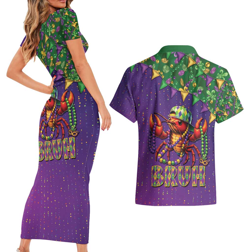Funny Crawfish Carnival Couples Matching Short Sleeve Bodycon Dress and Hawaiian Shirt It's Mardi Gras Bruh - Wonder Print Shop