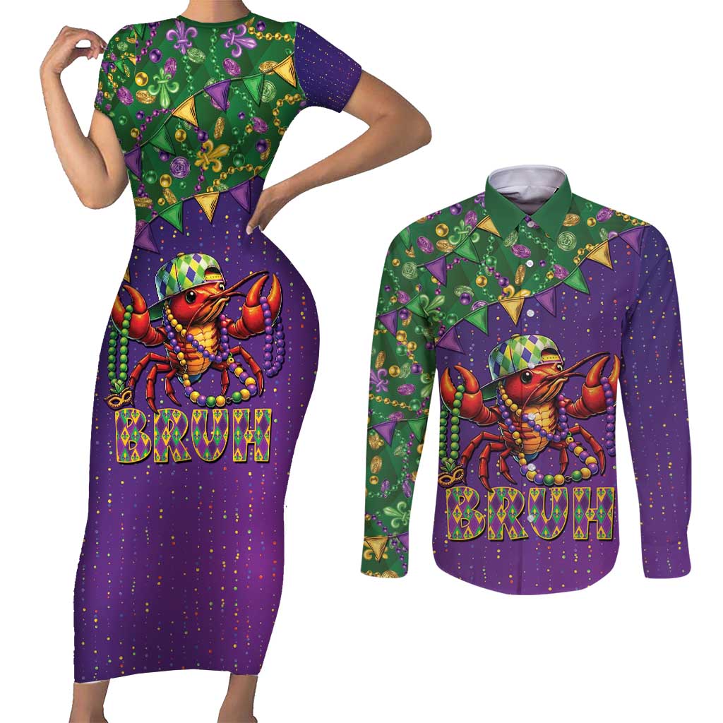 Funny Crawfish Carnival Couples Matching Short Sleeve Bodycon Dress and Long Sleeve Button Shirt It's Mardi Gras Bruh - Wonder Print Shop
