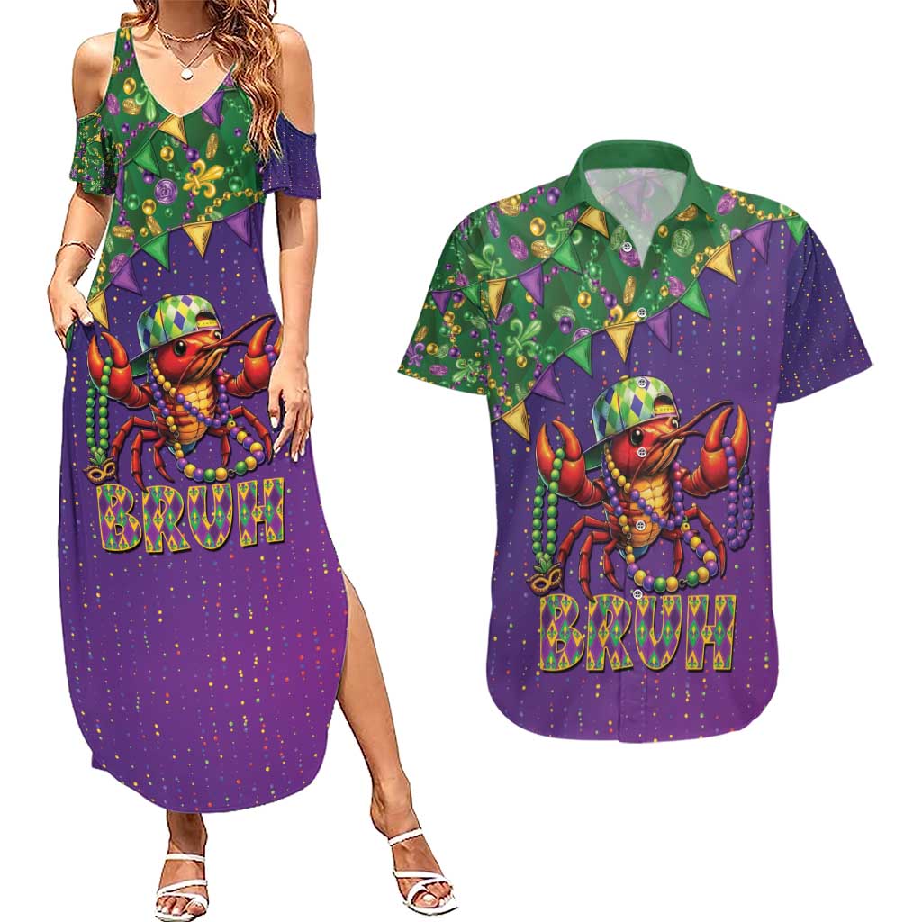 Funny Crawfish Carnival Couples Matching Summer Maxi Dress and Hawaiian Shirt It's Mardi Gras Bruh - Wonder Print Shop