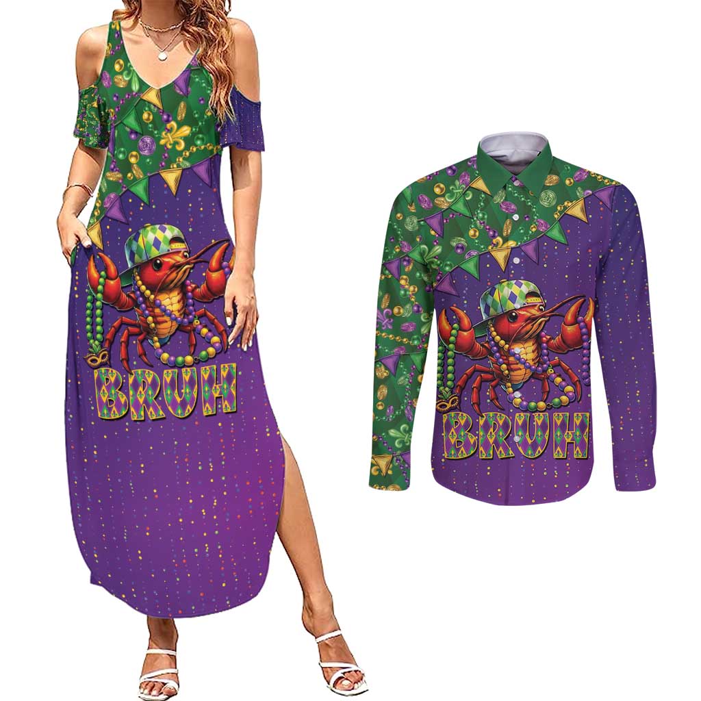 Funny Crawfish Carnival Couples Matching Summer Maxi Dress and Long Sleeve Button Shirt It's Mardi Gras Bruh - Wonder Print Shop
